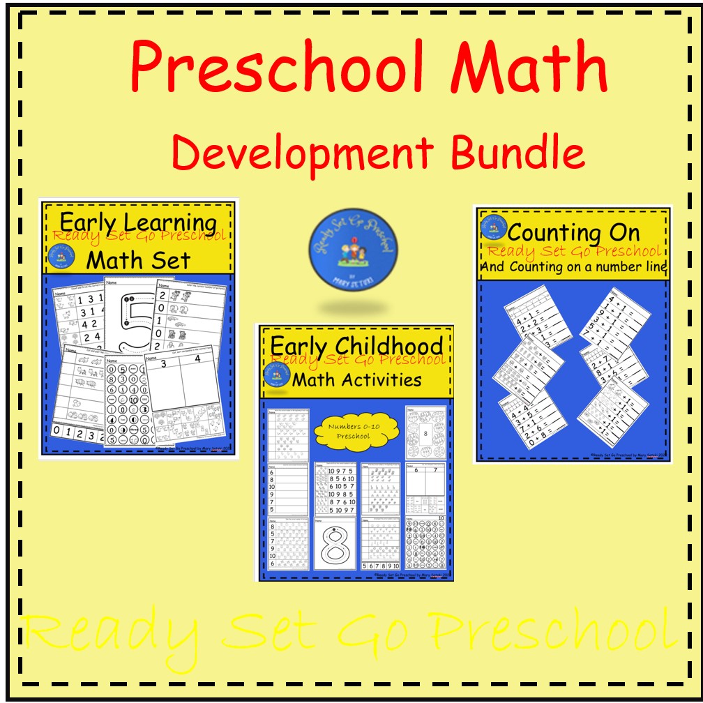 Preschool math activities bundle showing Early Learning Math Set, Early Childhood Math Activities and Counting On and Counting on a number line