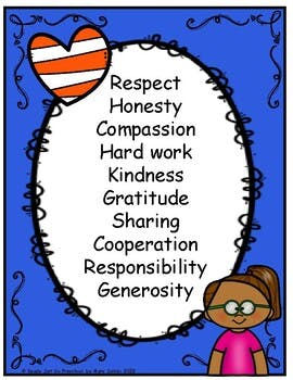 Values Poster including Respect, Honesty, Compassion, Hard work, Kindness, Gratitude, Sharing, Cooperation, Responsibility and Generosity.