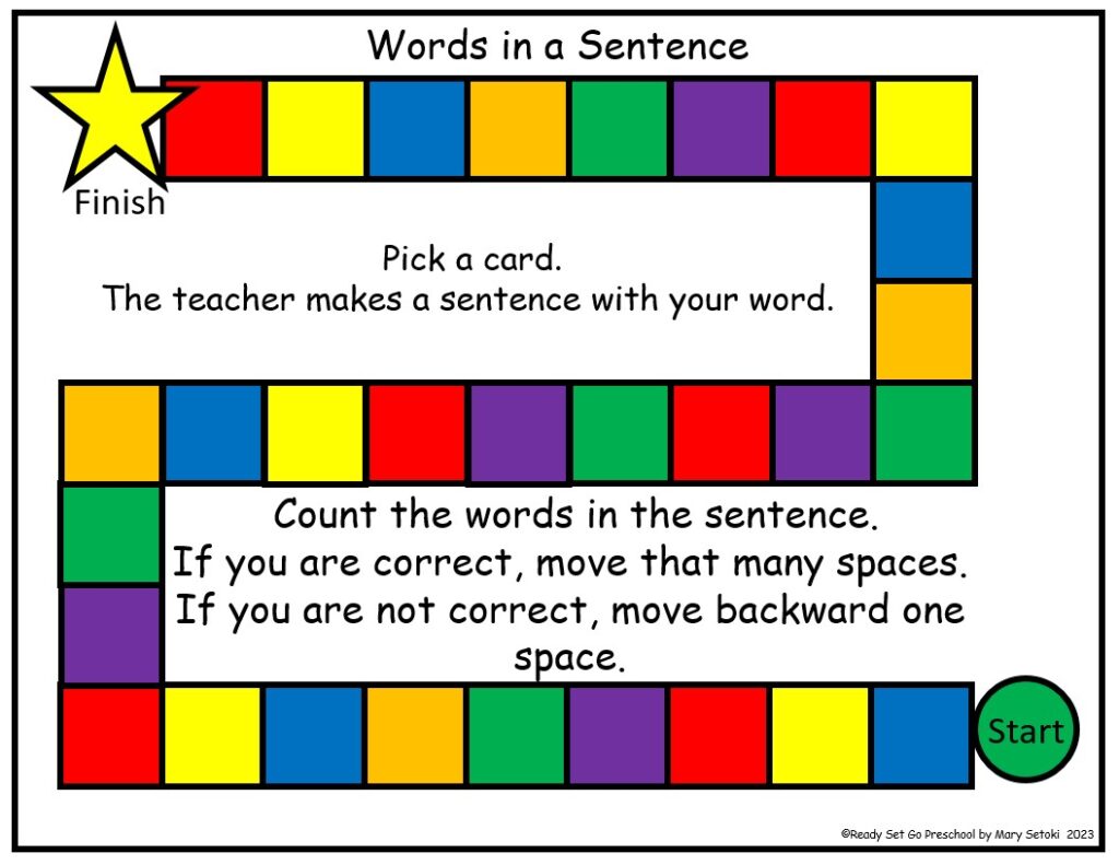 Phonological Awareness Goals, Games and Activities.  Picture of a game mat for counting the words in a sentence.