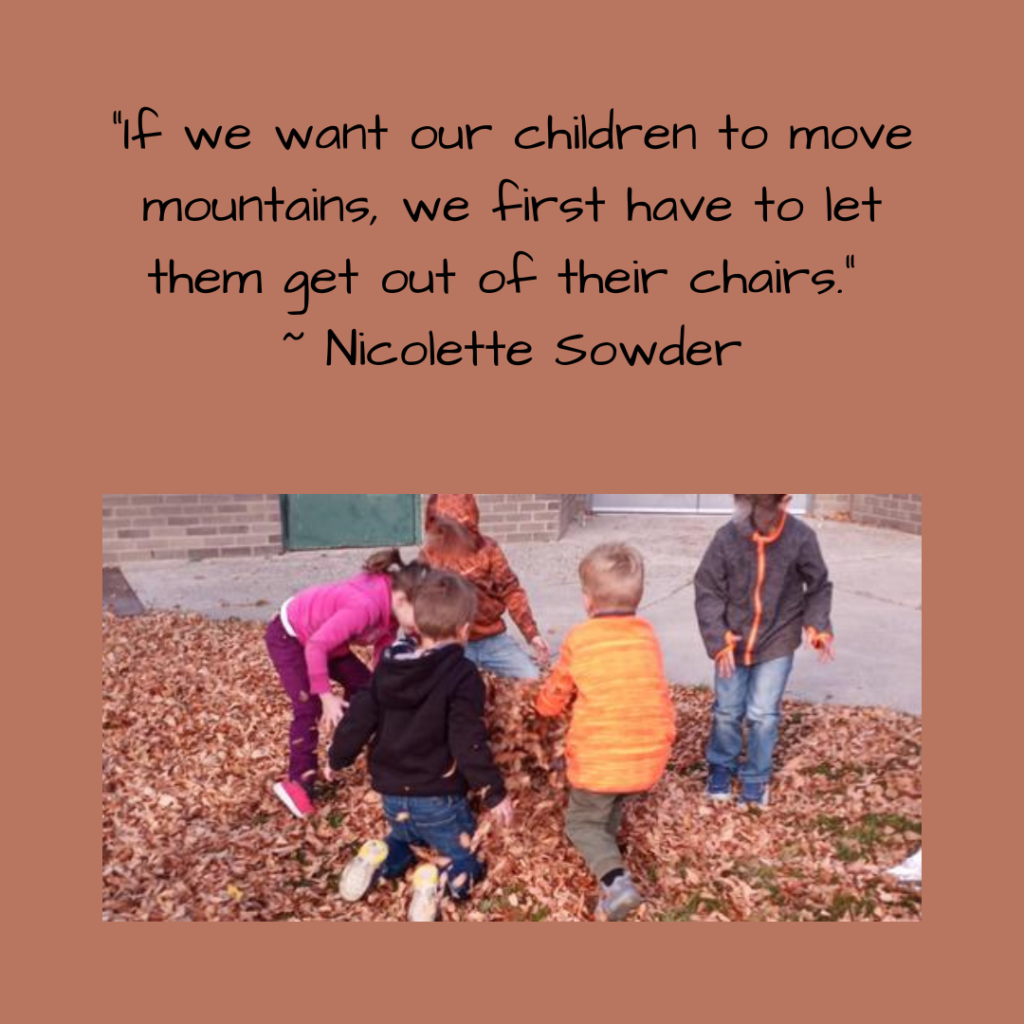 Quote about play-based learning and picture of children playing in a pile of leaves.