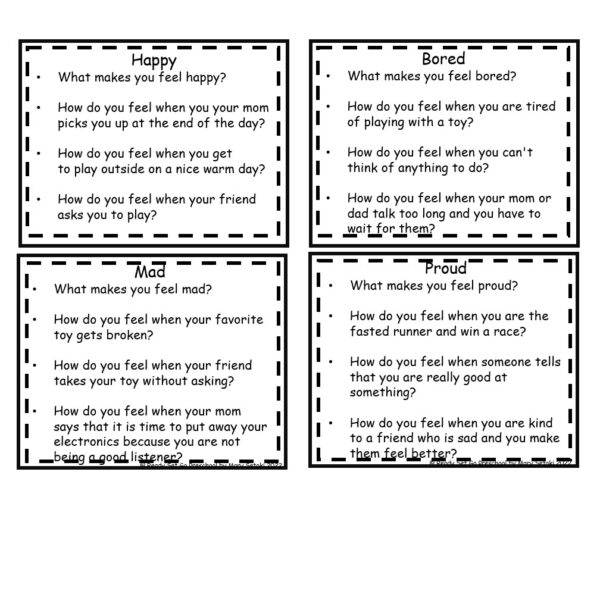 Teaching feelings and emotions discussion prompt cards for different emotions